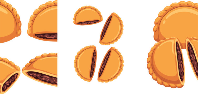 Traditional Golden Baked Empanada and Curry Puff Vector Set with Savory Meat Filling for Latin American, Spanish, and Asian Restaurant Menu Designs