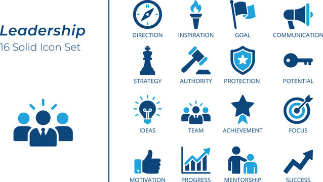 Leadership Icon Set, Team Strategy, Vision, Mentorship, Motivation, Achievement, Success, Business Management, Solid Vector Icons for Web and App Design