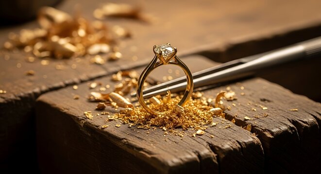 A diamond ring sits on a workbench with metal shavings and tools, showcasing craftsmanship