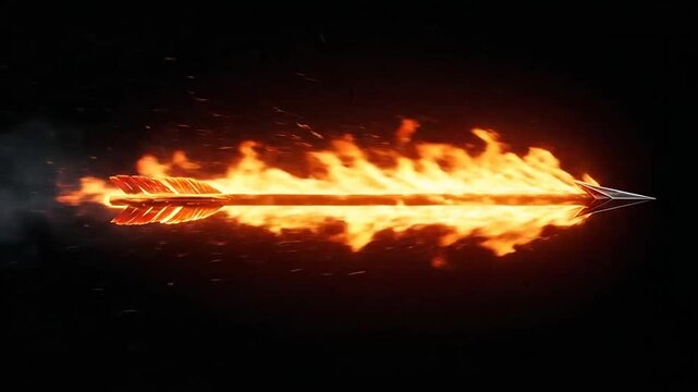 A sharp arrow flying through the air engulfed in bright orange flames