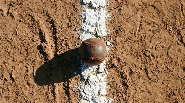 Old weathered baseball sitting directly on a white chalk foul line on a dirt field for sports betting concepts and competitive athletic marketing campaigns