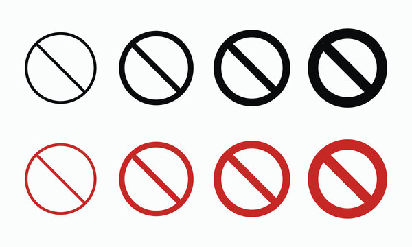 Prohibited sign collection featuring red and black forbidden icons with varying line weight and thickness for safety warning labels or restricted access areas in different stroke widths.