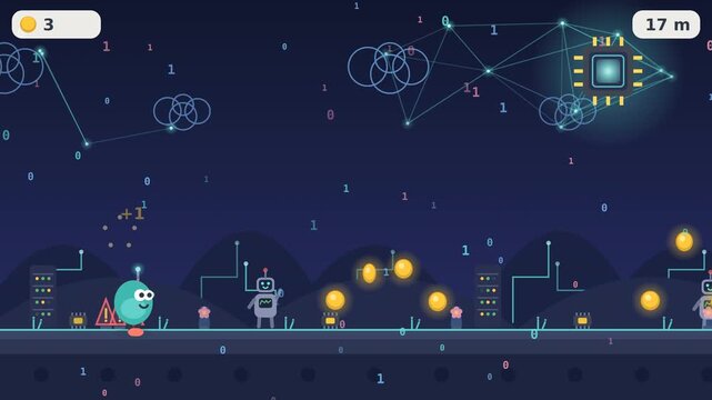 Cute 2D endless runner platformer game screen featuring a cute character in a digital AI cyber landscape with microchips, binary code, network nodes, tiny robots, and gold coins