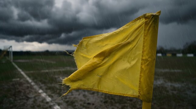 Torn yellow corner flag blowing in the wind during a heavy rainstorm on a soccer field for match cancellation and severe weather alert concepts