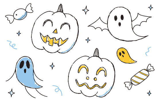 Cute Hand Drawn Halloween Doodle Set with Pumpkins Ghosts and Candy Vectors