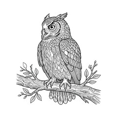 Fototapeta premium Intricate black and white line art illustration of a majestic owl perched on a detailed tree branch. Perfect for tattoo designs, coloring books, or decorative graphic elements. Features elegant nature