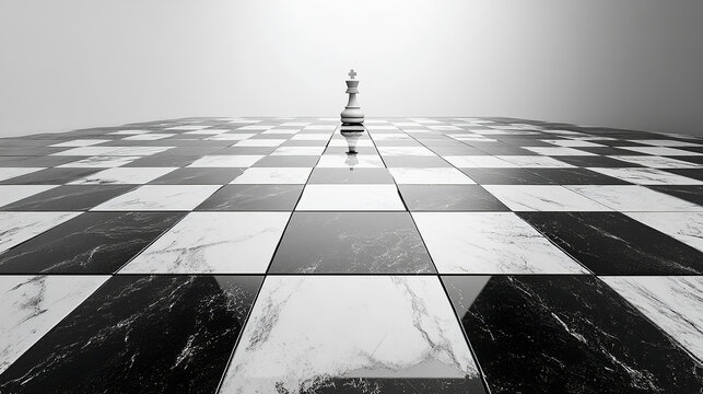 Single white chess king on a glossy marble chessboard background.