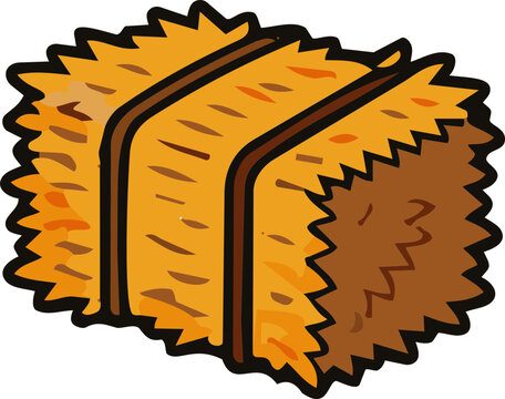 Cartoon illustration of a rectangular hay bale tied with two brown bands.