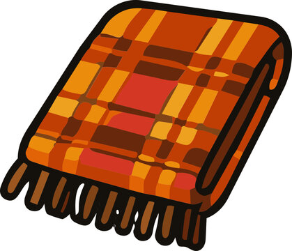 Cozy folded plaid blanket with orange and red tartan pattern and fringe tassels vector illustration.