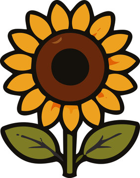 Cartoon sunflower illustration with bright yellow petals and green leaves on a stem.