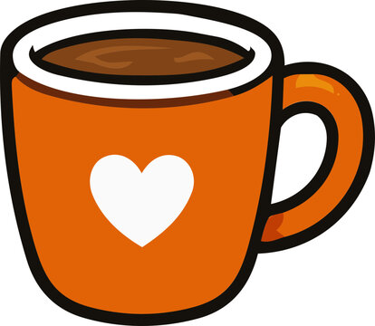 Cute cartoon illustration of an orange coffee mug with a white heart symbol filled with hot cocoa.