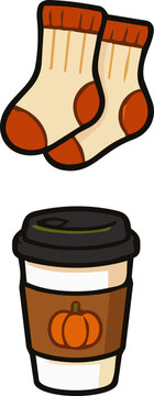 Cozy autumn socks and pumpkin spice coffee cup vector illustration.
