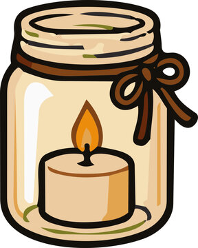 Cartoon illustration of a burning candle inside a glass mason jar with a bow.