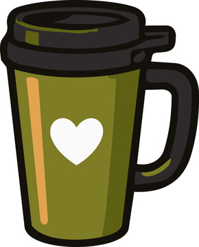 Green travel mug with black lid and handle featuring a white heart illustration.
