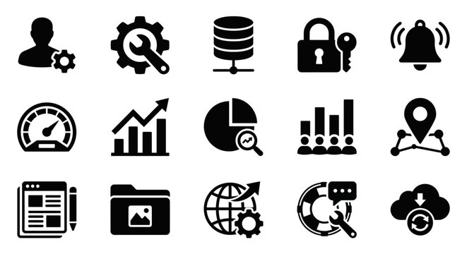 Clean Black and White Icons Set Featuring User Gear Database Lock Bell Speedometer Graphs Location Documents Globe Clouds and More