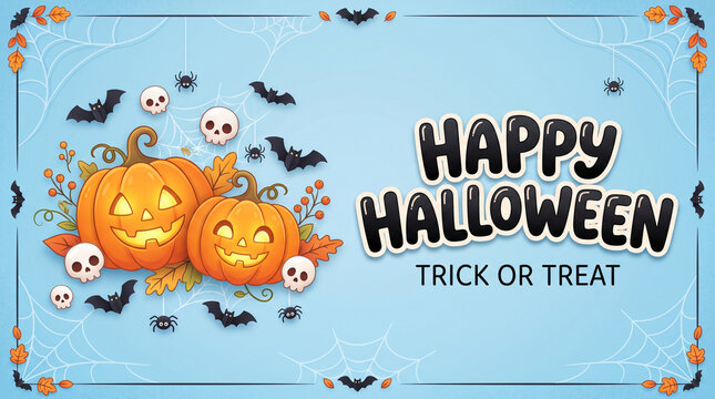 Happy halloween background with pumpkins, skulls, bats, and spiders