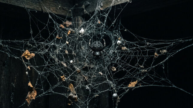 Creepy black spider sitting in the center of a dusty, intricate cobweb in a dark abandoned place, spooky halloween concept