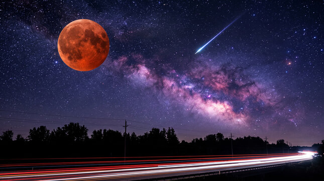Stunning night landscape with a blood moon, a bright shooting star, and the vibrant milky way galaxy over a highway with long exposure light trails