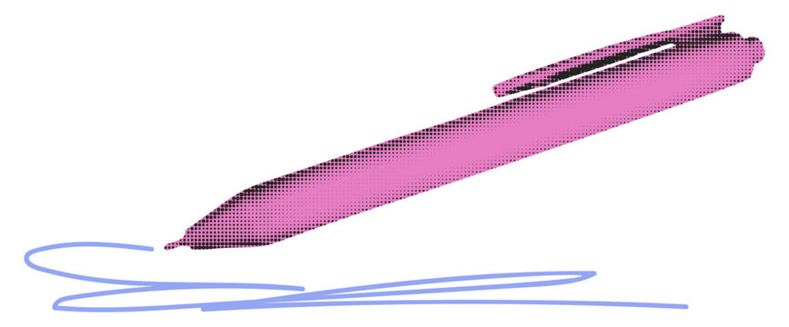 Pink ballpoint pen writing blue signature halftone element for collage. Writing, signing documents. Pop art vector illustration isolated on transparent background as png