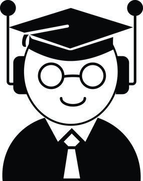 Minimalist black and white vector icon of an intelligent artificial intelligence robot wearing a graduation cap and round glasses representing digital learning and academic technology
