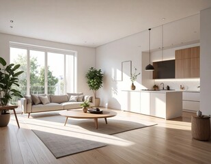 Fototapeta premium Modern open plan living room and kitchen interior with natural sunlight, wooden floors, beige sofa, and indoor plants