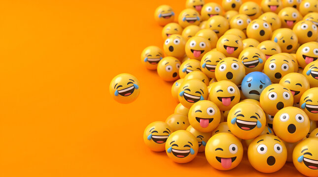 3d render of a group of yellow emojis with various facial expressions on an orange background, with one laughing emoji floating separately