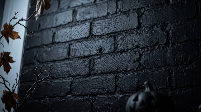A spooky halloween decoration featuring a spider web with a spider in the center against a dark black painted brick wall with autumn leaves and a pumpkin