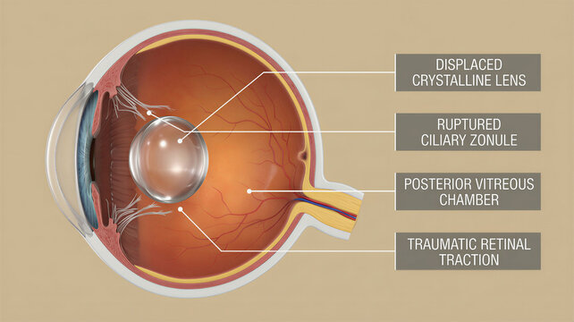 Detailed medical illustration showcasing internal eye anatomy with a displaced lens and damaged structures inside the chamber