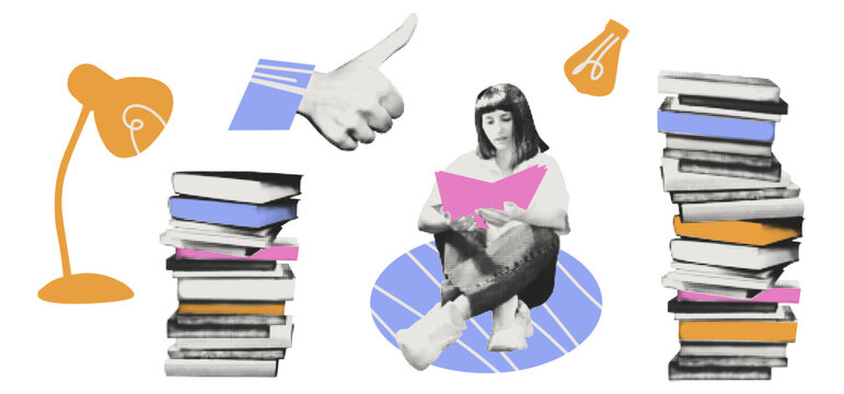 Education and reading concept, student sitting and reading book. Stack of books and table lamp. Modern retro collage style vector illustration, halftone trendy elements with doodles on transparent bg