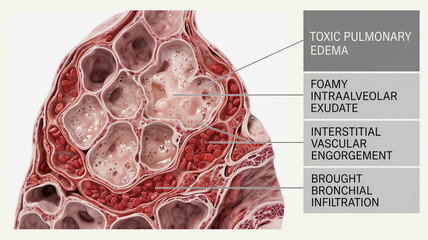 Fototapeta premium Detailed biological diagram showing toxic pulmonary edema within human lung alveoli and the buildup of foamy fluid secretions
