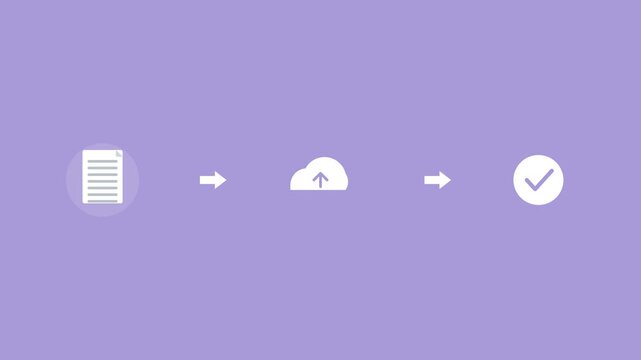 upload flow with a document, a cloud upload and a checkmark connected by arrows, violet color scheme