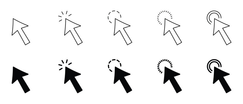 Large mouse pointer and clicker icon sheet. Variety of outline and solid arrow cursor symbols. Vector illustration set