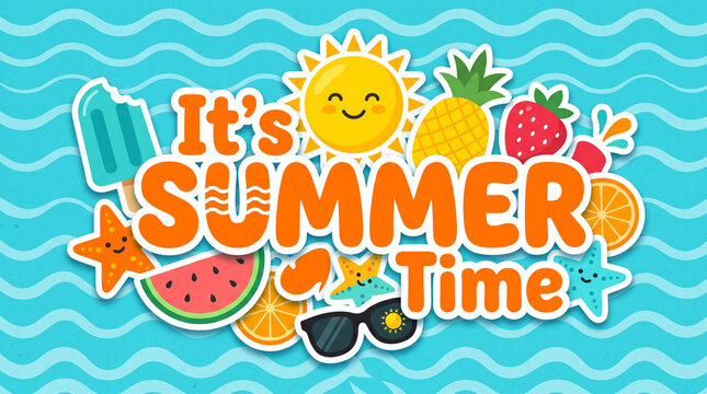 Summer time banner with cute cartoon elements like sun, pineapple, strawberry, watermelon, starfish, sunglasses and popsicle on a blue wavy background
