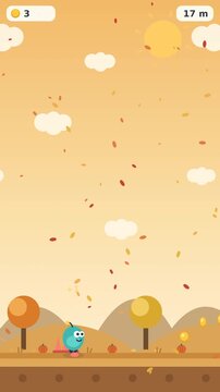 Cute 2D endless runner platformer game screen featuring a cute character in a cozy autumn landscape with orange trees, falling leaves, pumpkins, gold coins, and a warm sunny sky, Vertical