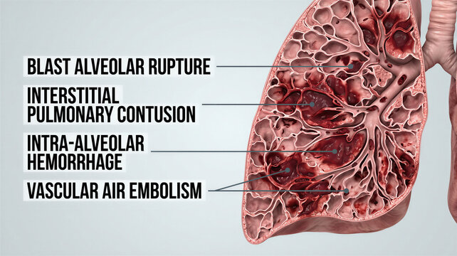 Medical illustration of severe lung trauma showing ruptured alveoli and hemorrhage
