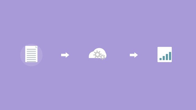 file conversion pipeline with a document, a cloud with gears and a chart connected by arrows, violet color scheme