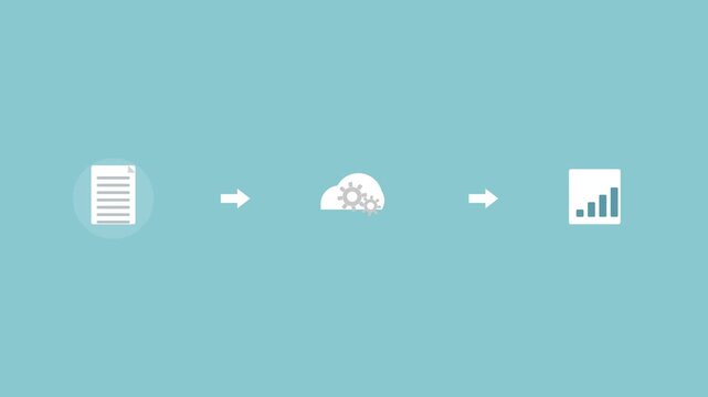 file conversion pipeline with a document, a cloud with gears and a chart connected by arrows, teal color scheme
