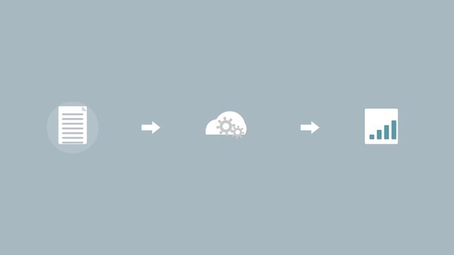 file conversion pipeline with a document, a cloud with gears and a chart connected by arrows, gray color scheme