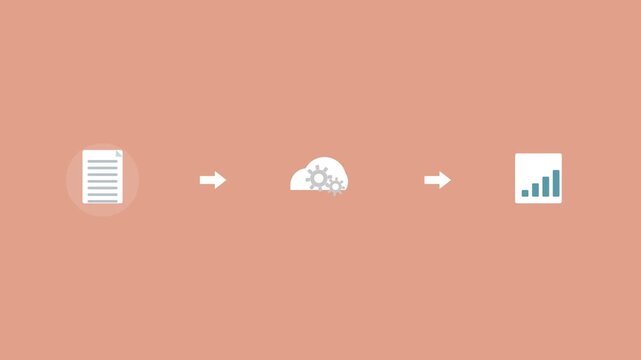 file conversion pipeline with a document, a cloud with gears and a chart connected by arrows, coral color scheme