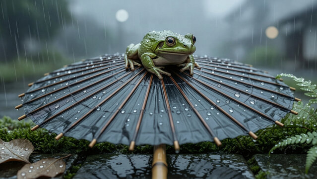 Frog on Japanese Umbrella in Rain