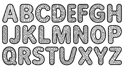 Alphabet collection with unique decorative doodle patterns inside each letter set typeface. © MdJubayer