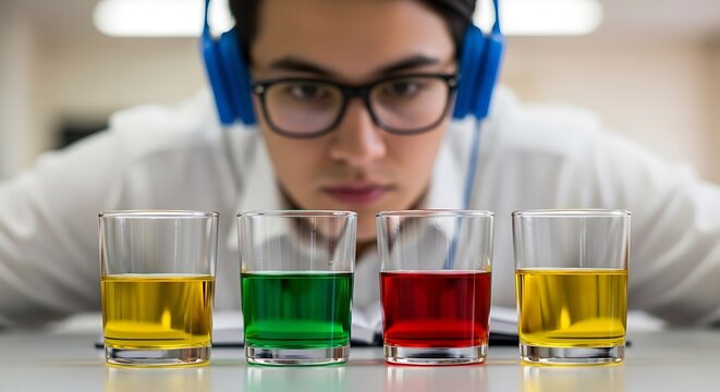 A focused person with headphones examines colorful liquids in glasses