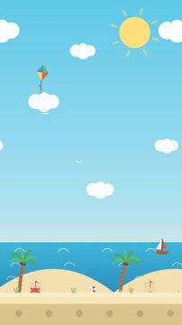 Bright cartoon 2D beach game background with a sunny blue sky, palm trees, sand castles, crabs, a sailboat, and a colorful kite, perfect for summer side-scroller mobile gaming levels