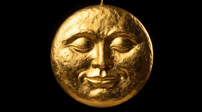 Golden sun or moon face sculpture isolated on black background