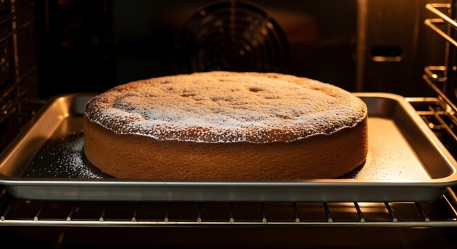 A frosted cake bakes on a tray inside an oven, viewed from inside, with focused lighting