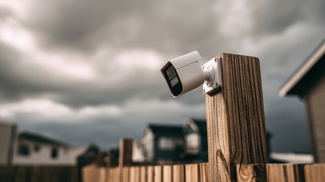 White security camera mounted on wooden post outdoors