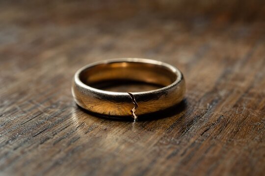 A broken wedding ring lies on wood with a visible crack and side lighting.