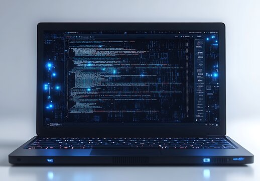 Black laptop with blue coding screen on white background, displaying programming code