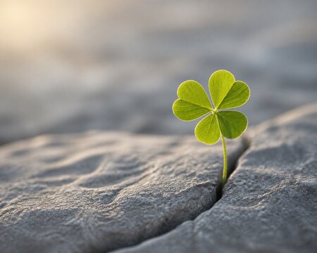 A single green clover growing from a crack in a gray stone.