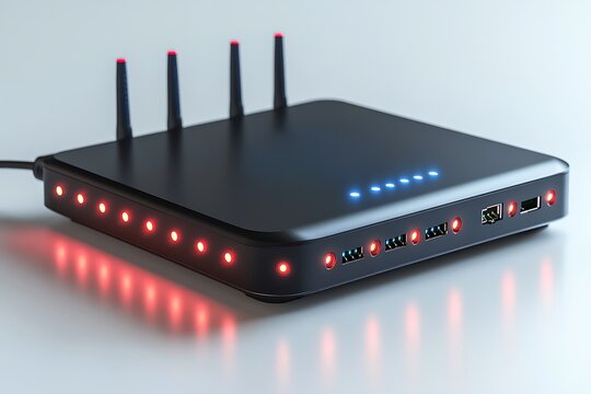Black wi-fi router with red and blue indicator lights, four antennas red lights blue lights
